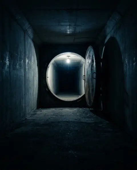 A round steel blast door standing half open in a concrete tunnel, one bare bulb burning far inside.